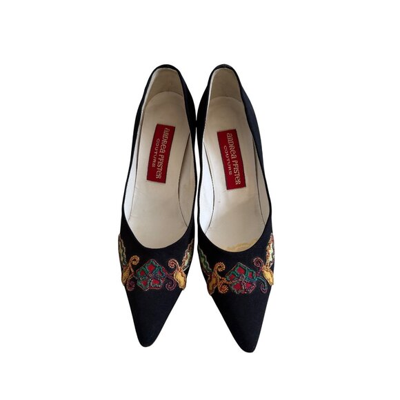 ANDREA PFISTER Couture Vintage Black Fabric Embellished Heels Size 7 - Picture 5 of 8